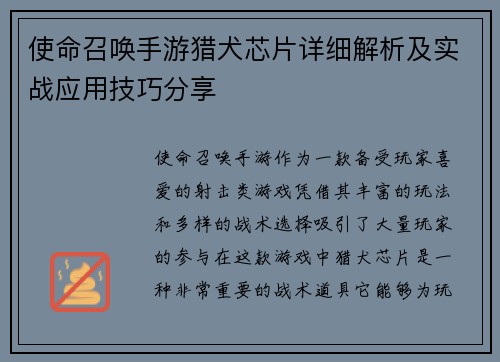 使命召唤手游猎犬芯片详细解析及实战应用技巧分享